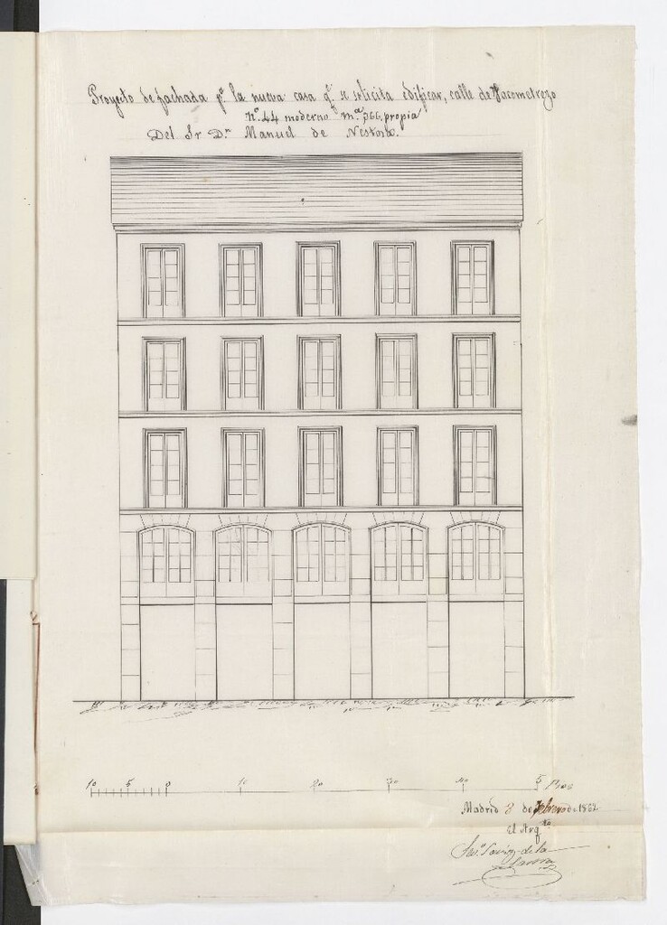 Miniatura de D. Manuel de Vestosa, en solicitud de licencia para construir de nueva planta la casa nº 44 de la calle de Jacometrezo.