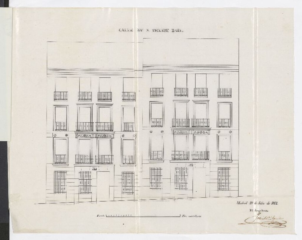 Miniatura de D. José María Aguilar, en representación de su hermano político D. Ricardo de la Cámara, esté como dueño de la casa calle de S. Vicente Baja nº 63 moderno, con vuelta a la del Acuerdo nº 3, solicitando licencia para construirla de nueva fachada.