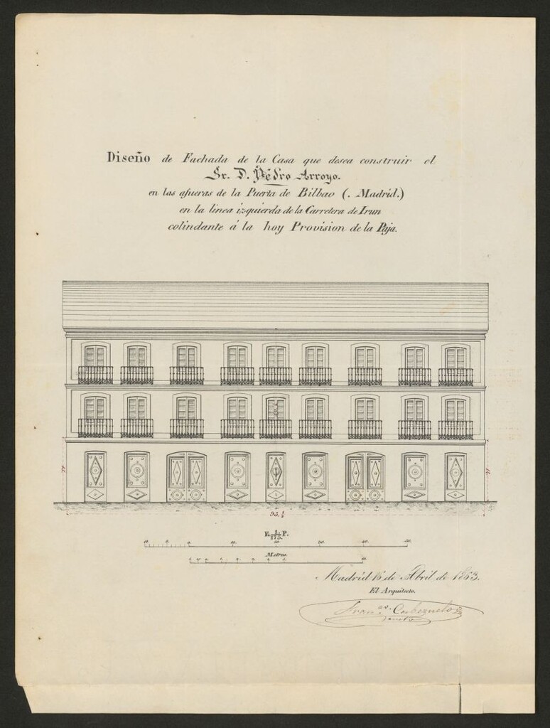 Miniatura de D. Pedro Arroyo, en solicitud de licencia para edificar en la manzana 90.
