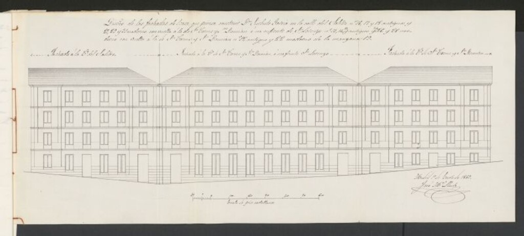 Miniatura de D. Sisebuto García, para construir de nueva planta la casa de su propiedad, sitas en la calle de Salitre nºs 27,29 y 31, con vuelta a la de S. Cosme, nºs 22,24,26 y 28, manzana 19.