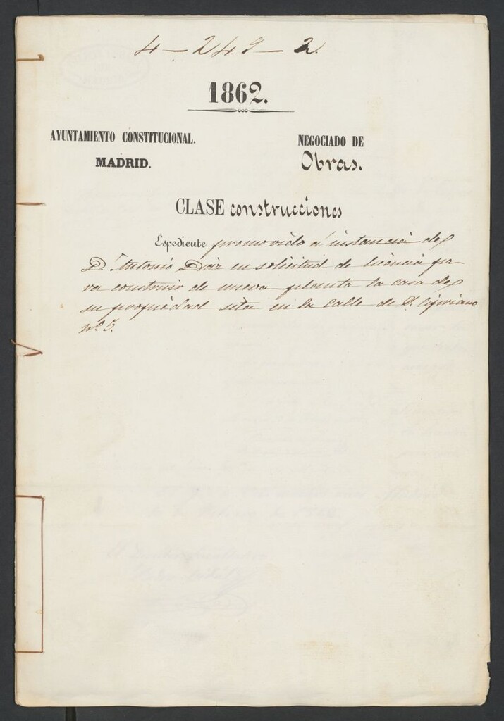 Miniatura de D. Antonio Díaz, en solicitud de licencia para construir de nueva planta la casa de su propiedad sita en la calle de S. Cipriano nº 5.