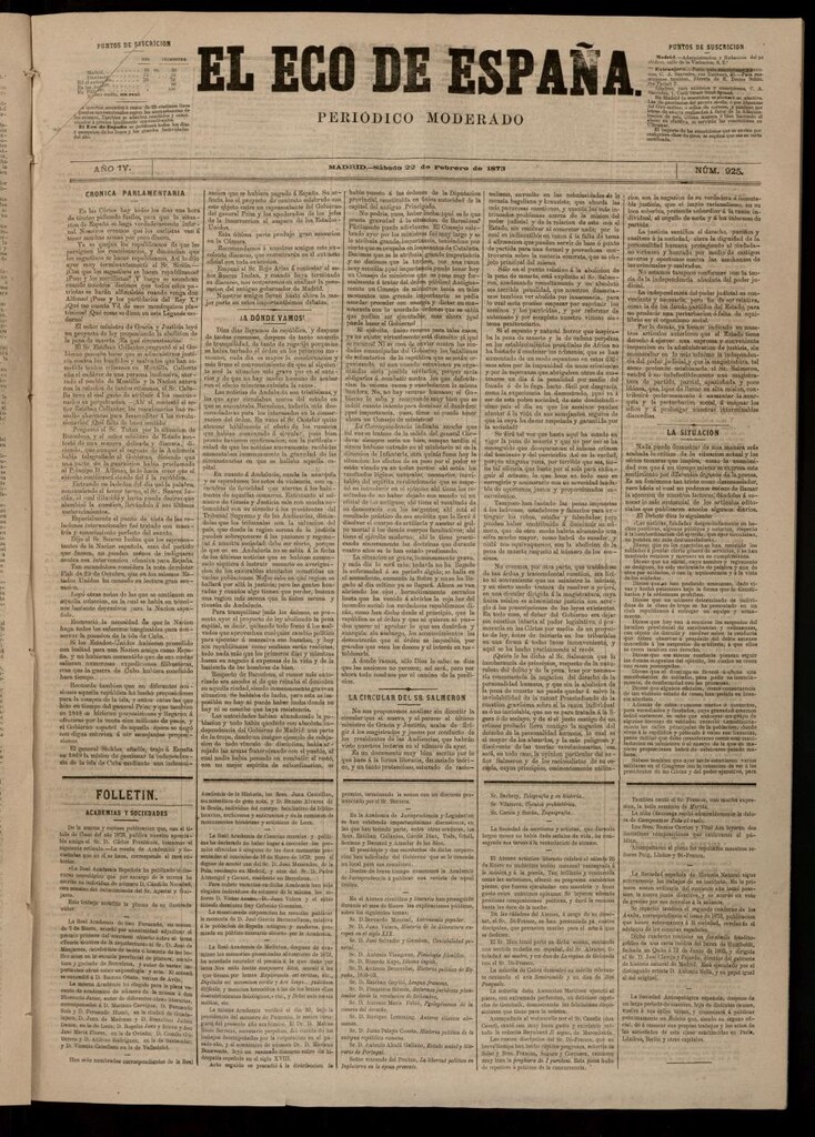 Miniatura de El Eco de España del 22 de febrero de 1873