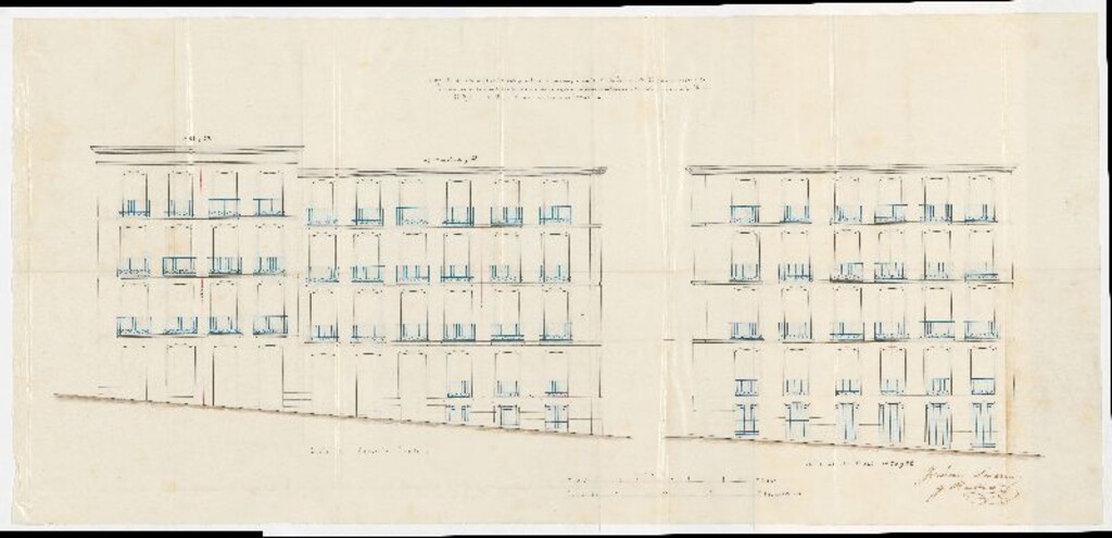 Miniatura de D. Santiago Paz y Fernández, para construir de nueva planta las casas nºs 37, 39 y 41, de la calle del Espíritu Santo, con vuelta a la de las Minas, nºs 30 y 32, manzana 484.