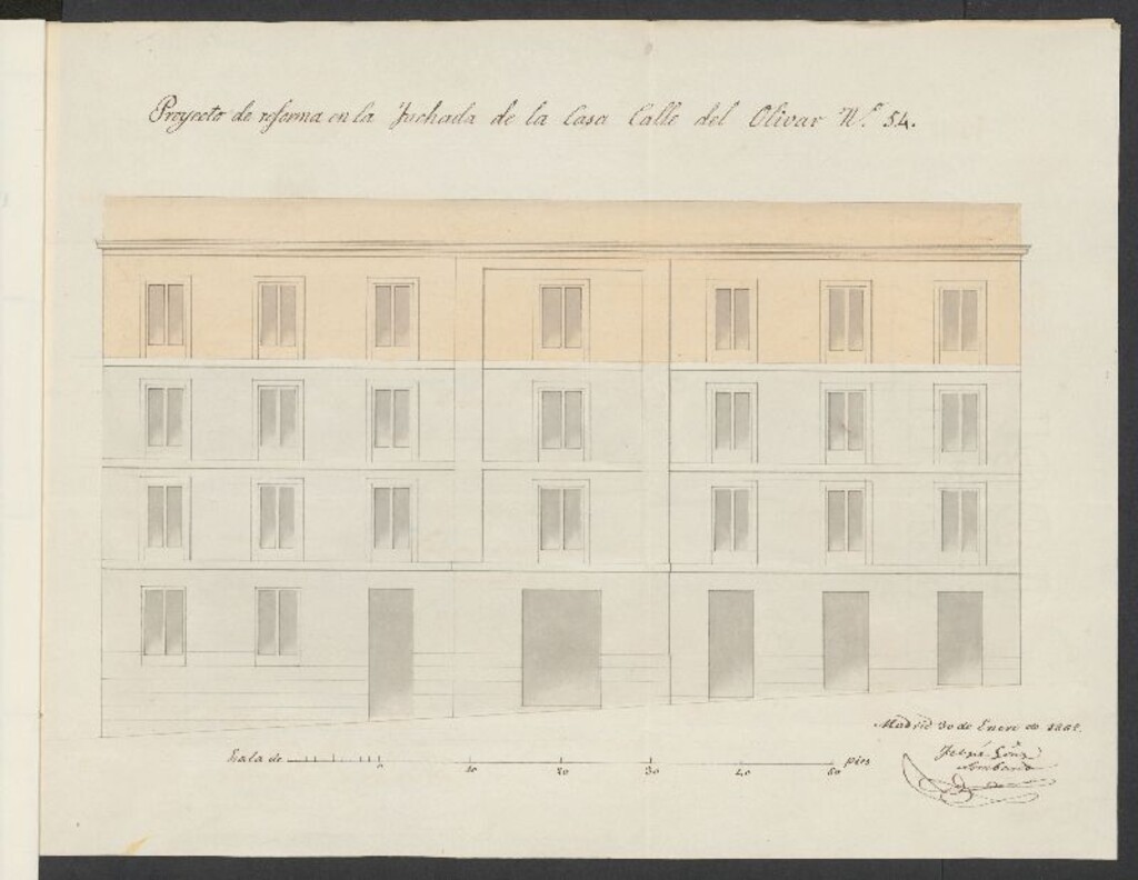 Miniatura de D. Pedro Sánchez, en solicitud de licencia para aumentar un tercer piso en la casa nº 54 de la calle del Olivar.