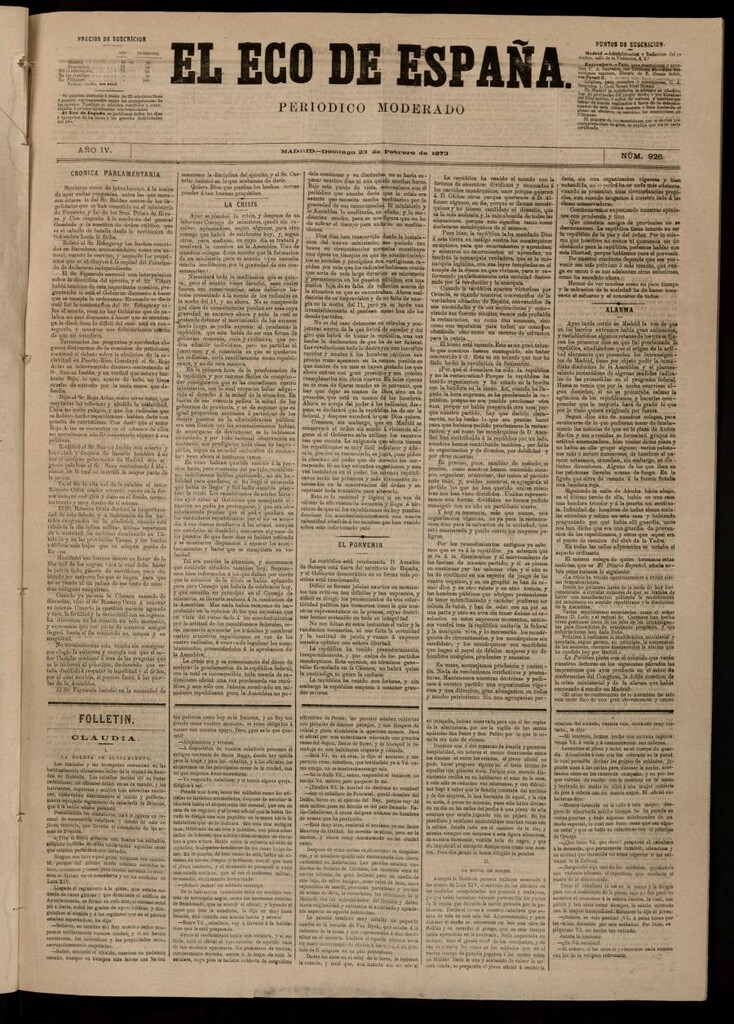 Miniatura de El Eco de España del 23 de febrero de 1873