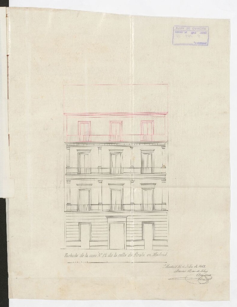 Miniatura de D. Juan M. Manzanedo, dueño de la casa calle de Alcalá nº 12, solicitando licencia para elevar el muro de fachada y hacer un cuarto 3º exterior, en lugar del sotabanco nuevo que hoy tiene la finca.