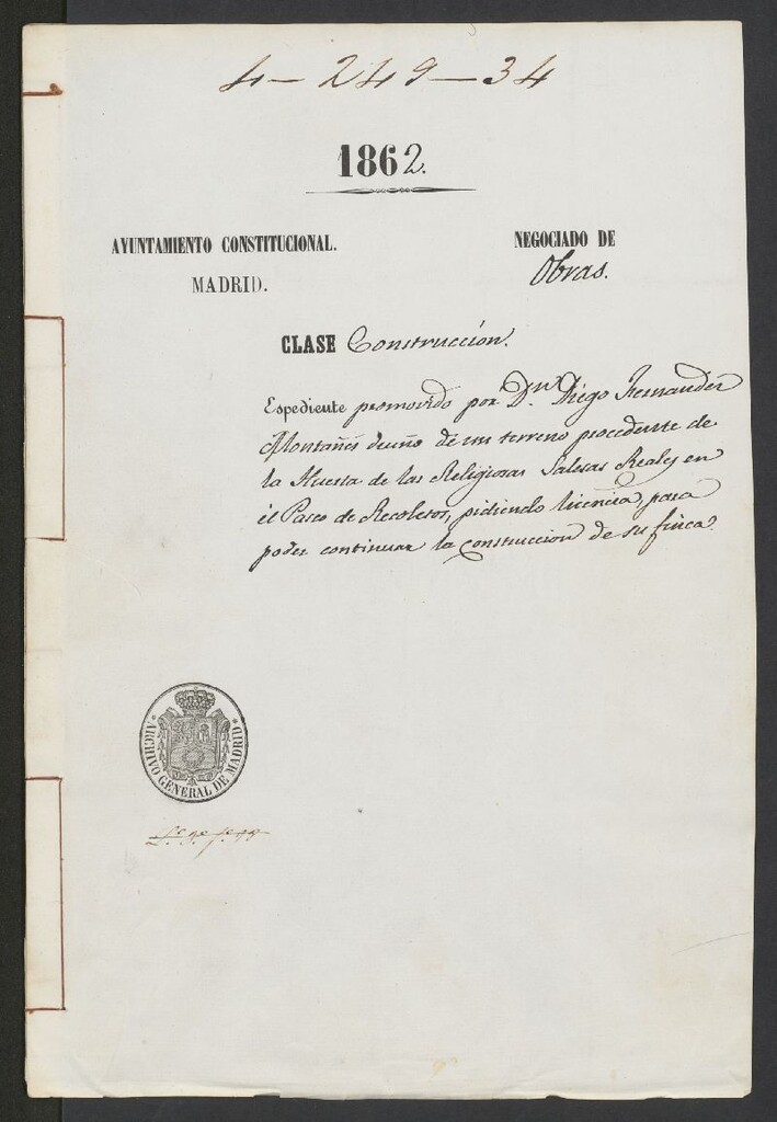 Miniatura de D. Diego Fernández Montañés, dueño de un terreno procedente de la Huerta  de las Religiosas Salesas Reales en el Paseo de Recoletos, pidiendo licencia para poder continuar la construcción de su finca.