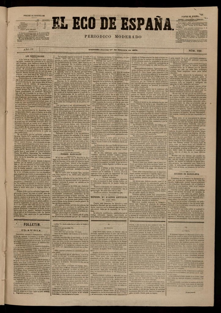 Miniatura de El Eco de España del 27 de febrero de 1873