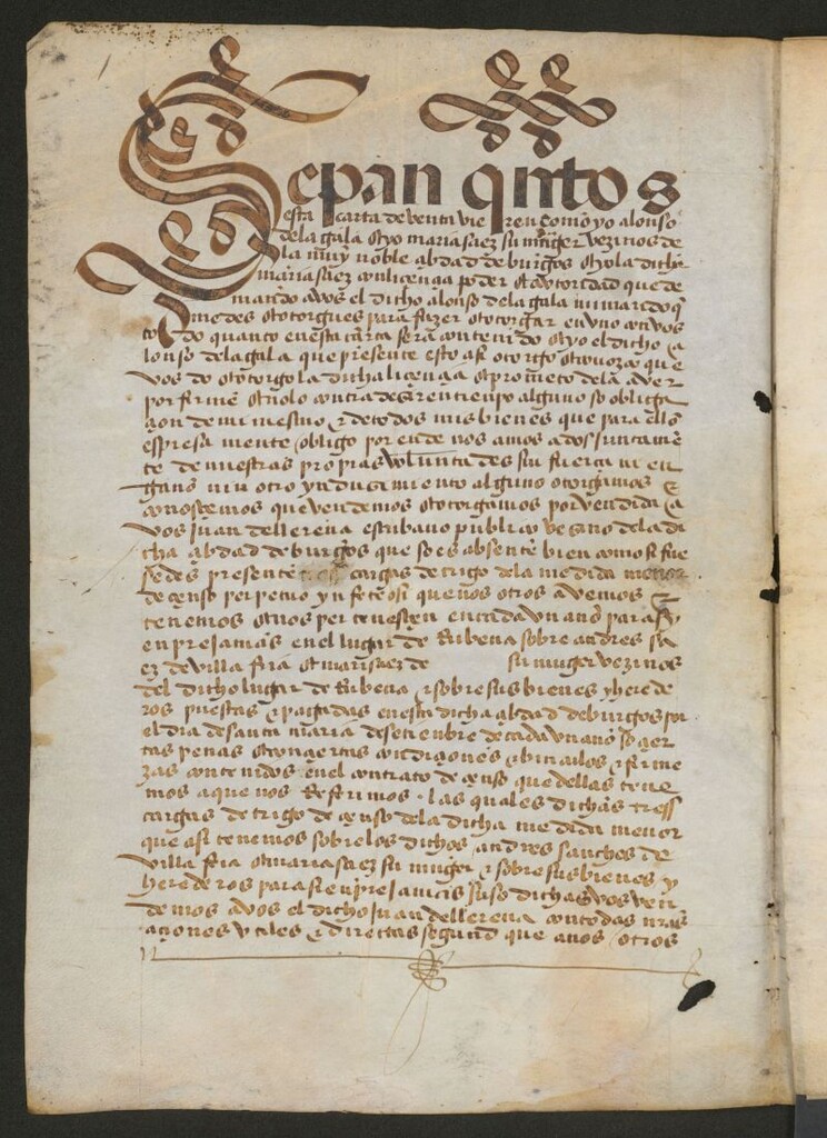 Miniatura de Sepan quantos esta carta de benta bieren como yo Alonso de la gala ut maria saez su muger bezinos de...Burgos ...otorgamos por vendida a vos, juan de telleria escrivano publico vezino de...Burgos...