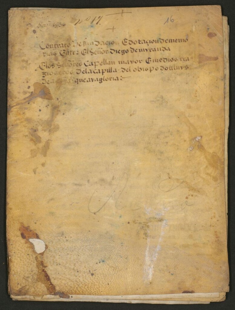 Miniatura de Contrato fundacion e dotacion de memorial [ilegible] el Señor Diego de Miranda, e los Señores Capellan mayor Emedido [ilegible] de la capilla del obispo don luis de Acuña que avagloria