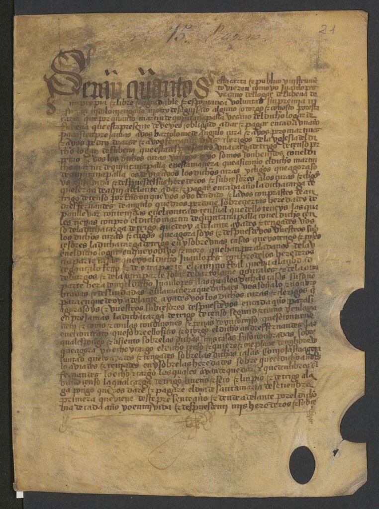 Miniatura de Sepan quantos esta carta y publico instumento bieren como yo juan lopes vesino del logar de rubena ... otorgo ...a vos bartolome de angulo ...