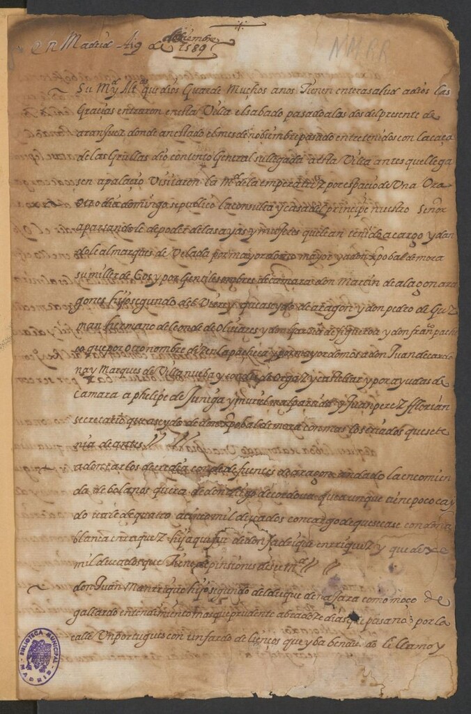 Miniatura de Relación fechada en Madrid en 19 de Diciembre de 1589 (reynando Felipe II), conteniendo varias noticias de hechos acaecidos en aquellos días, á manera de noticiario