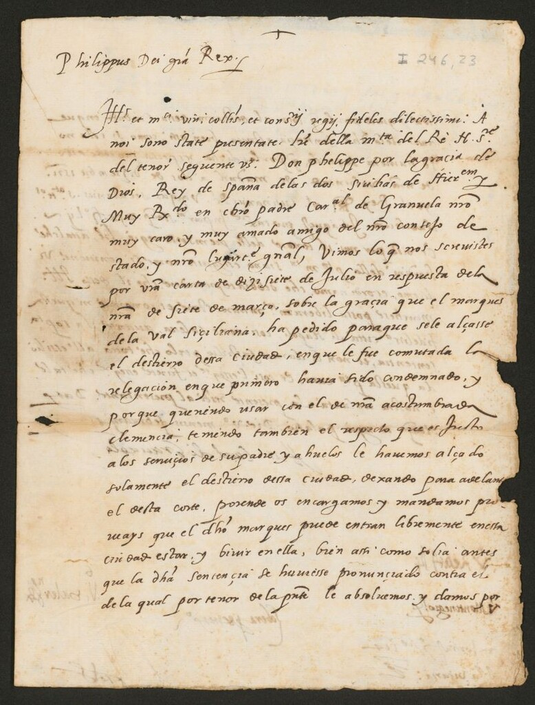Miniatura de Carta del Cardenal Granvela al Rey Felipe II de España sobre el levantamiento de la pena de destierro impuesta al Márques de la Val Siciliana