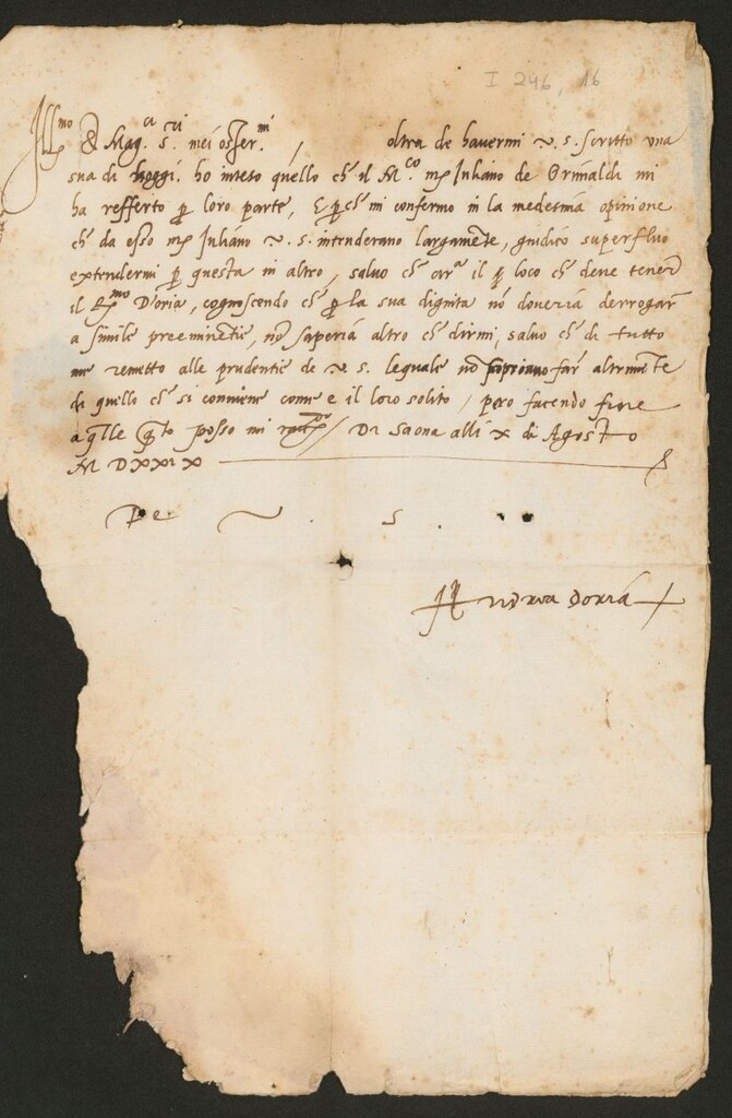 Miniatura de Carta del almirante genovés, Andrea Doria al Gobernador de la República de Génova