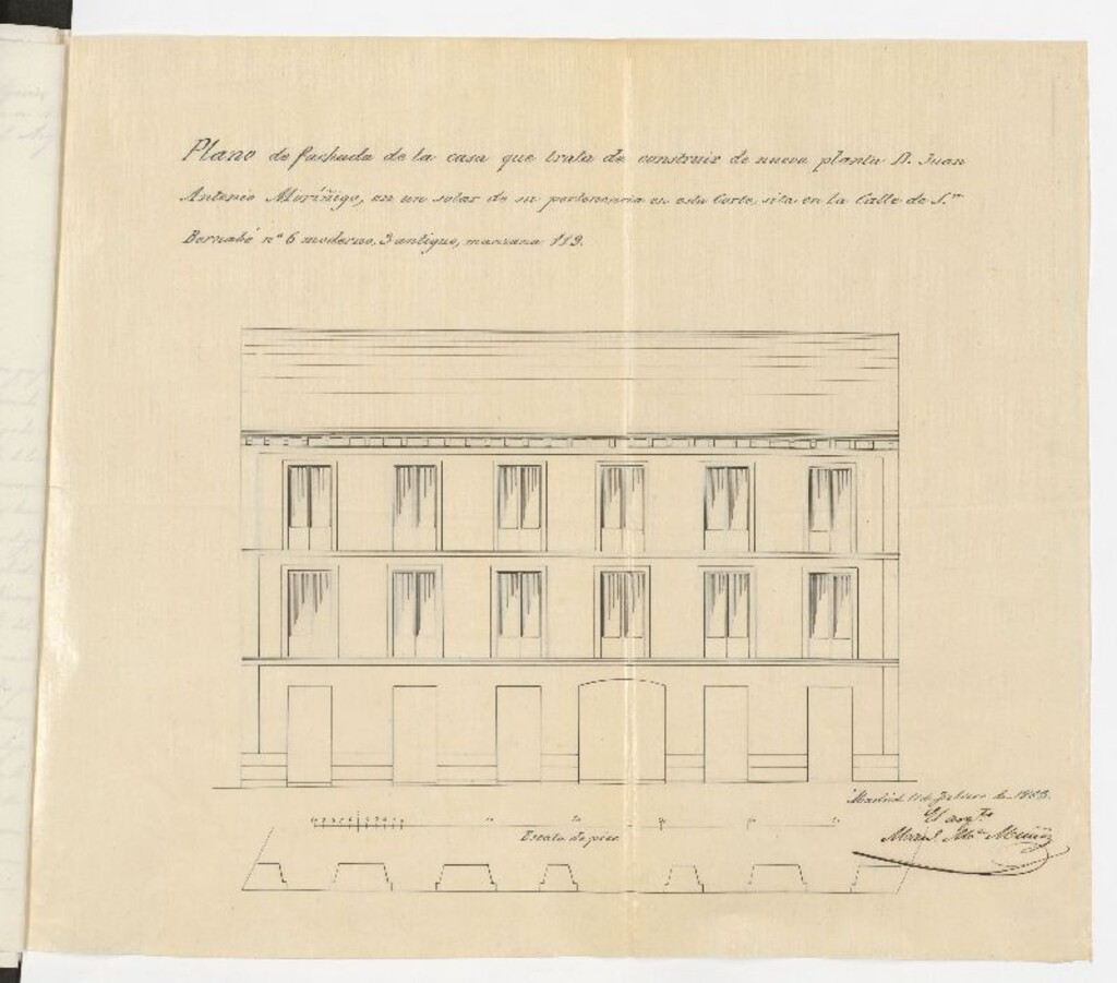 Miniatura de D. Juan Antonio Moriñigo, en solicitud de licencia para construir de nueva planta su casa calle de S. Bernabé nº 6, manzana 119.