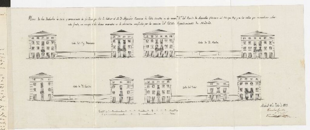 Miniatura de D. Dionisio Sánchez, a nombre del Sr. D. Alejandro Ramírez de Villaurrutia, para construir de nueva planta, en la manzana 7 del Barrio de Argüelles con la Montaña del Príncipe Pio, con fachadas a la calle de Tutor, del Rey Francisco, de D. Martín y de D. Evaristo.