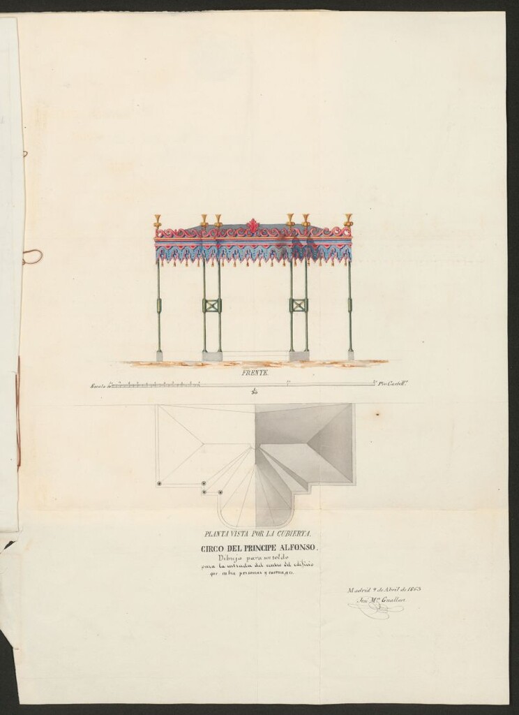 Miniatura de D. Simón de la Riva, para colocar un pórtico de toldo delante de la puerta principal del circo llamado del Príncipe Alfonso, recientemente construido en el Paseo de Recoletos.