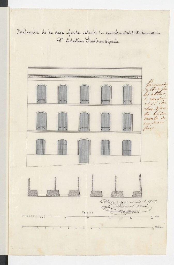 Miniatura de D. Celestino Sánchez y Cifuentes, para construir de nueva planta, su casa sita en la calle de la Comadre nº 62, permitiéndole solo levantar piso 2º posteriormente se le concedió levantar piso 3º.