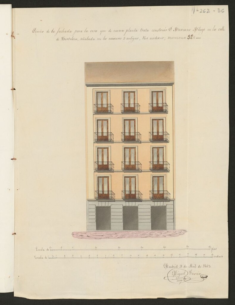 Miniatura de D. Mariano Milego, para construir de nueva planta su casa  calle de Hortaleza nº 140 moderno, 5 antiguo, manzana 328.