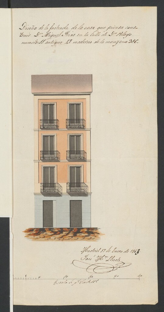 Miniatura de D. Miguel Frías, en solicitud de licencia para construir de nueva planta la casa de su propiedad sita en la calle de Pelayo nº 47.