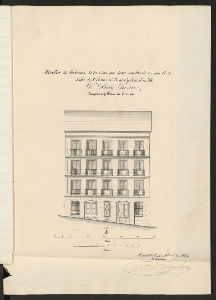 Miniatura de D. Ramón Gutiérrez del Valle, a nombre de D. Luis Sainz, para construir de nueva planta la casa de la propiedad de éste último, sita en la calle de S. Cosme y S. Damián, nº 5, manzana 18.