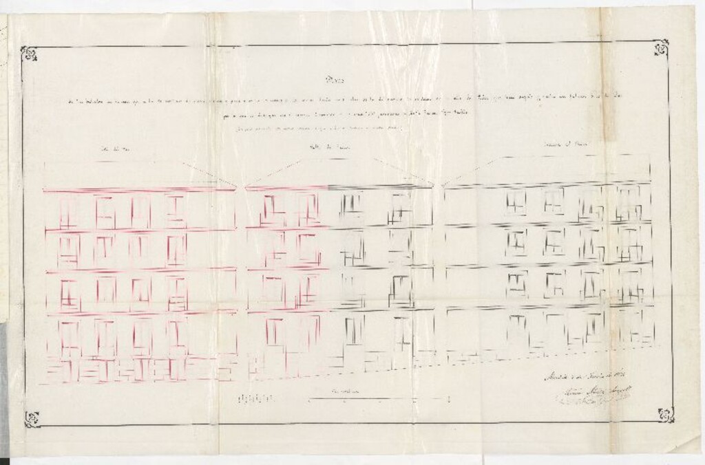 Miniatura de D. Ramón López, como Apoderado de Dª Justa González Trevilla, para construir de nueva planta en el solar de su propiedad, sito en la calle del Reloj, nº 26 moderno, con vuelta a la del Río, nº 17 de la manzana 553-