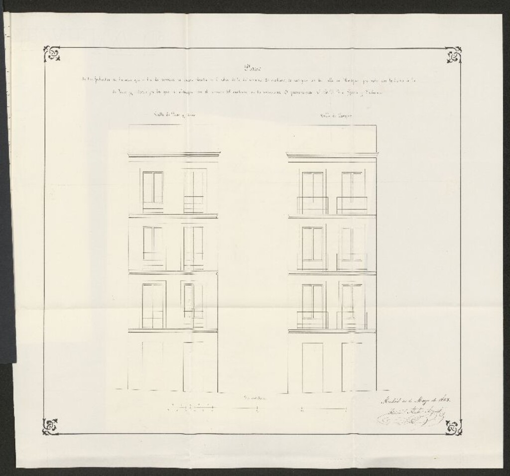 Miniatura de D. José García y Cachena, para construir de nueva planta la casa de su propiedad, sita en la calle de Lavapiés, nº 26 moderno, con vuelta a la de Jesús y María, nº 39, manzana 47.