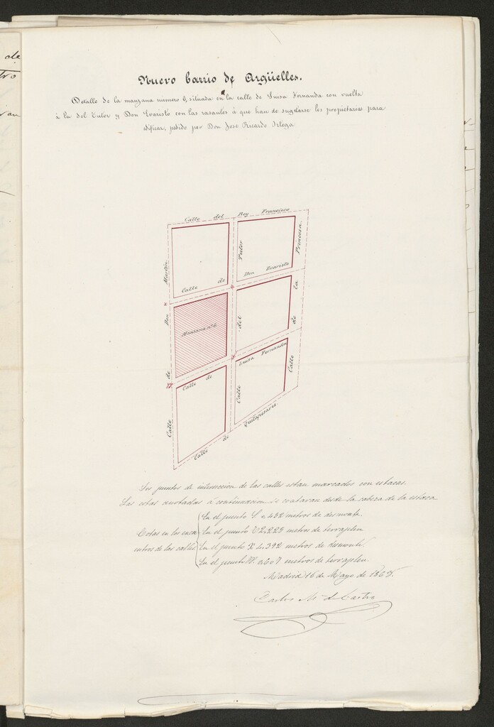 Miniatura de D. José Ricardo de Ortega, para edificar de nueva planta, la mitad de la manzana 6ª con fachada a la calle de Luisa Fernanda, del Tutor, y D. Evaristo, sitas en el Barrio titulado de Argüelles, Montaña del Príncipe Pio.