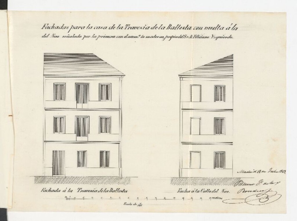 Miniatura de D. Feliciano Izquierdo, para construir de nueva planta la casa de su propiedad, sita en la Travesía de la Ballesta, nº 10 moderno, con vuelta a la del Nao, nº 1, manzana 370.