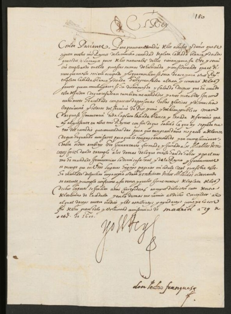 Miniatura de [Real cédula de Felipe III al Conde de los Arcos pidiéndole que envie a los alcaldes de casa y corte un inventario firmado y jurado de toda la plata labrada, dorada y blanca, que tuviere]