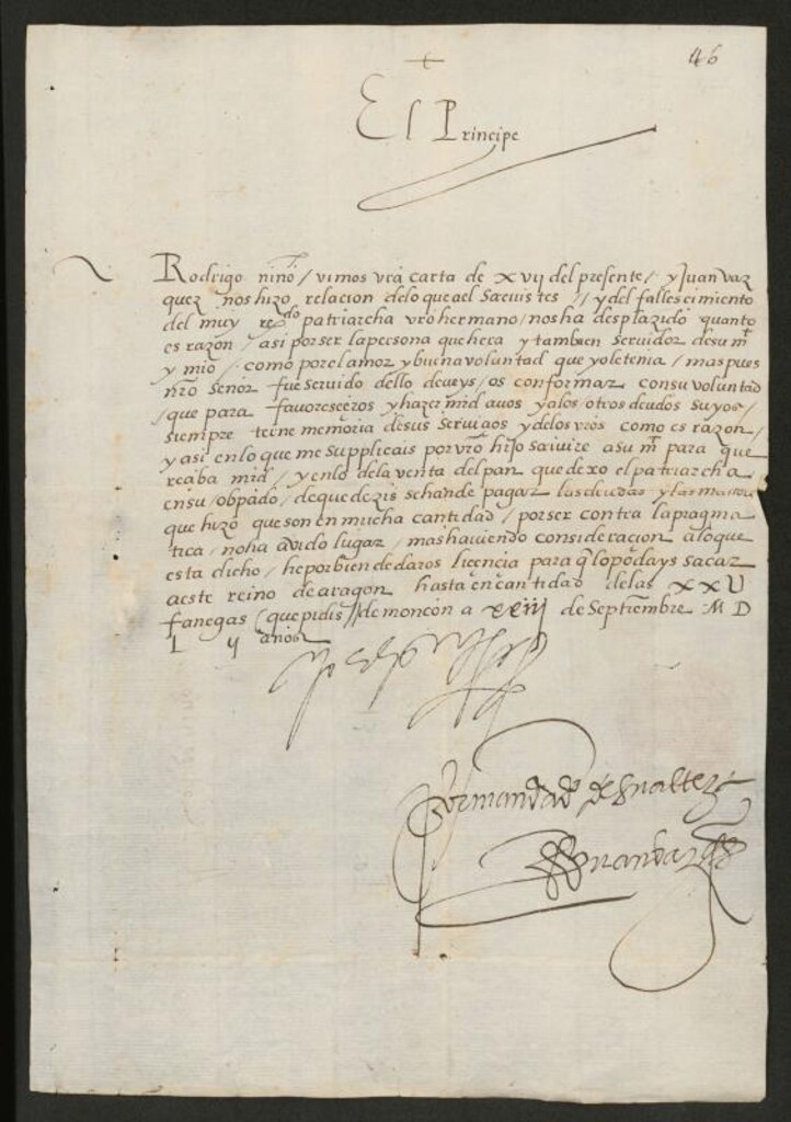 Miniatura de [Carta de Felipe II, como príncipe regente, a D. Rodrigo Niño, participándole su sentimiento por la muerte del Patriarca, su hermano]