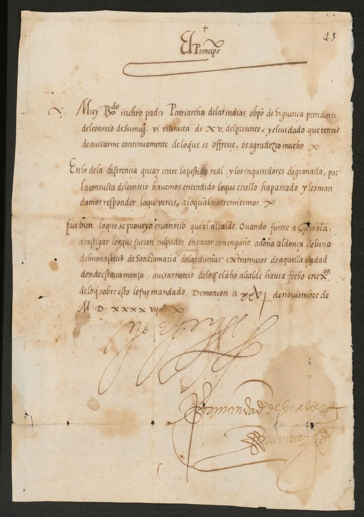 Miniatura de [Cédula de Felipe II, como príncipe regente, a D. Fernando Niño, Patriarca de las Indias y presidente del Consejo, sobre los inquisidores de Granada y el castigo impuesto a los culpados que sacaron a Doña Aldonza de Luna del monasterio de Santa María de las Dueñas de Zamora]