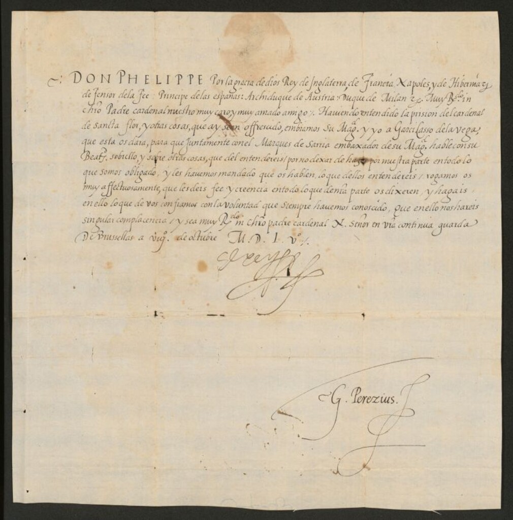 Miniatura de Carta de Felipe II a un Cardenal para que hable con Garcilaso de la Vega, su embajador en Roma, sobre las cuestiones que le plantee, y haga lo que de él se espera