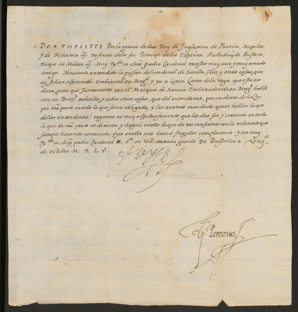 Miniatura de Carta de Felipe II a un Cardenal para que hable con Garcilaso de la Vega, su embajador en Roma, sobre las cuestiones que le plantee, y haga lo que de él se espera