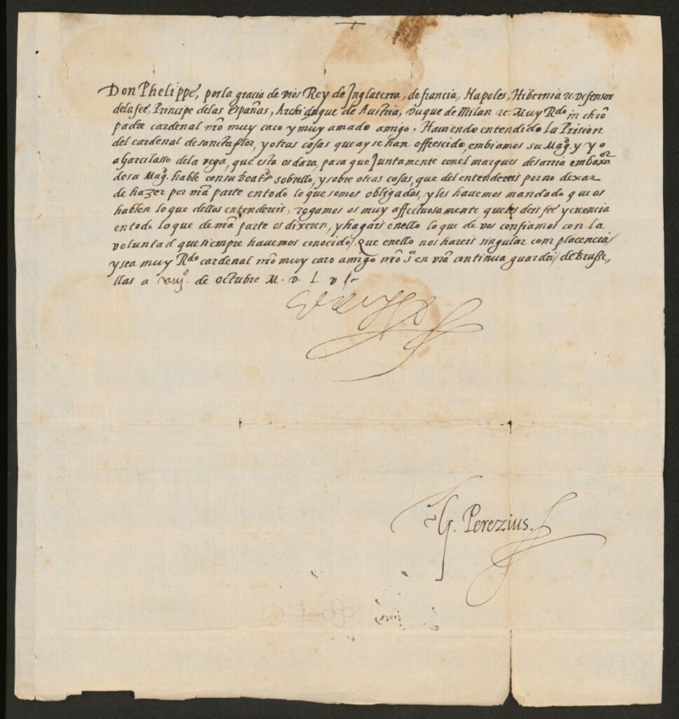 Miniatura de Carta de Felipe II a un Cardenal para que hable con Garcilaso de la Vega, su embajador en Roma, sobre las cuestiones que le plantee, y haga lo que de él se espera