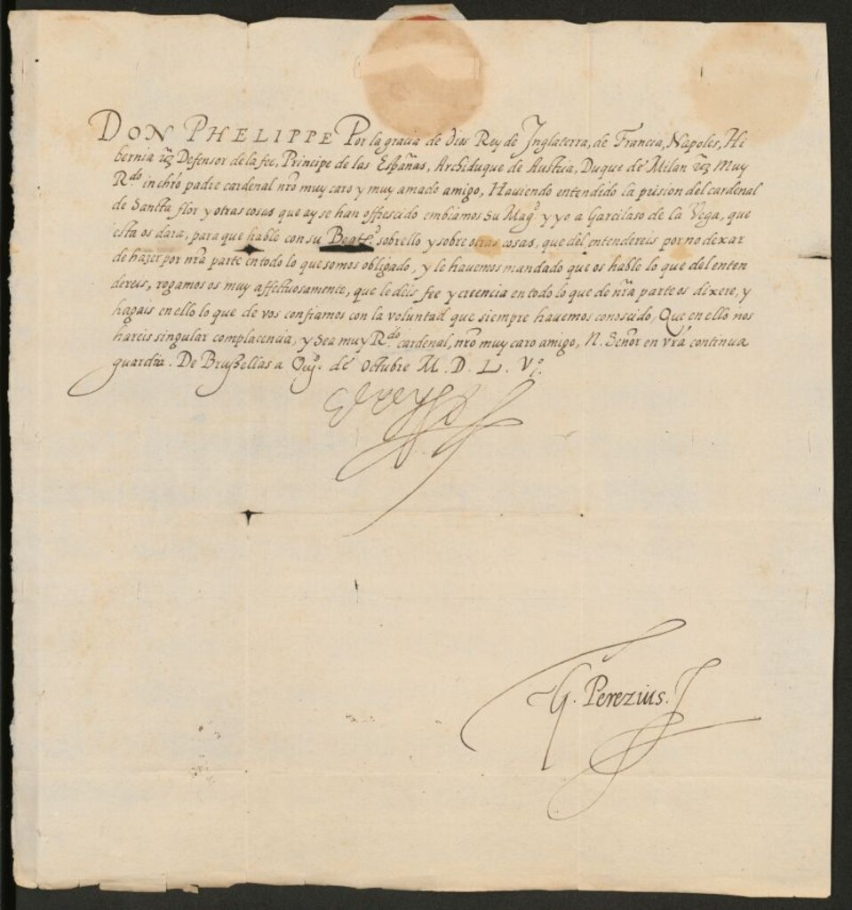Miniatura de Carta de Felipe II a un Cardenal para que hable con Garcilaso de la Vega, su embajador en Roma, sobre las cuestiones que le plantee, y haga lo que de él se espera