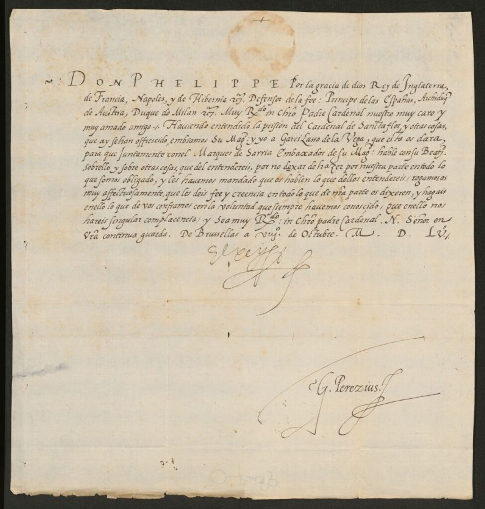 Miniatura de Carta de Felipe II a un Cardenal para que hable con Garcilaso de la Vega, su embajador en Roma, sobre las cuestiones que le plantee, y haga lo que de él se espera