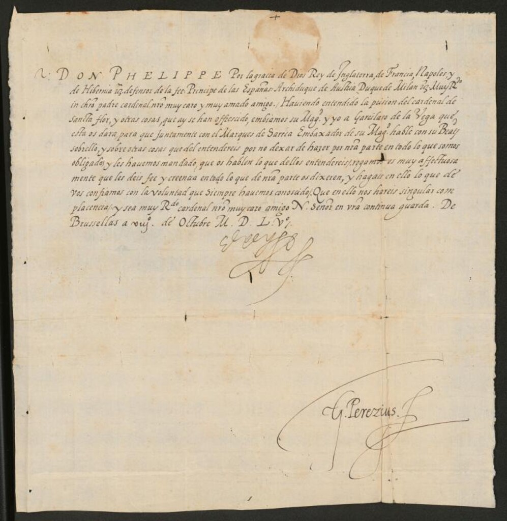 Miniatura de Carta de Felipe II a un Cardenal para que hable con Garcilaso de la Vega, su embajador en Roma, sobre las cuestiones que le plantee, y haga lo que de él se espera