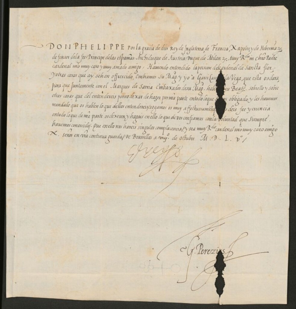 Miniatura de Carta de Felipe II a un Cardenal para que hable con Garcilaso de la Vega, su embajador en Roma, sobre las cuestiones que le plantee, y haga lo que de él se espera