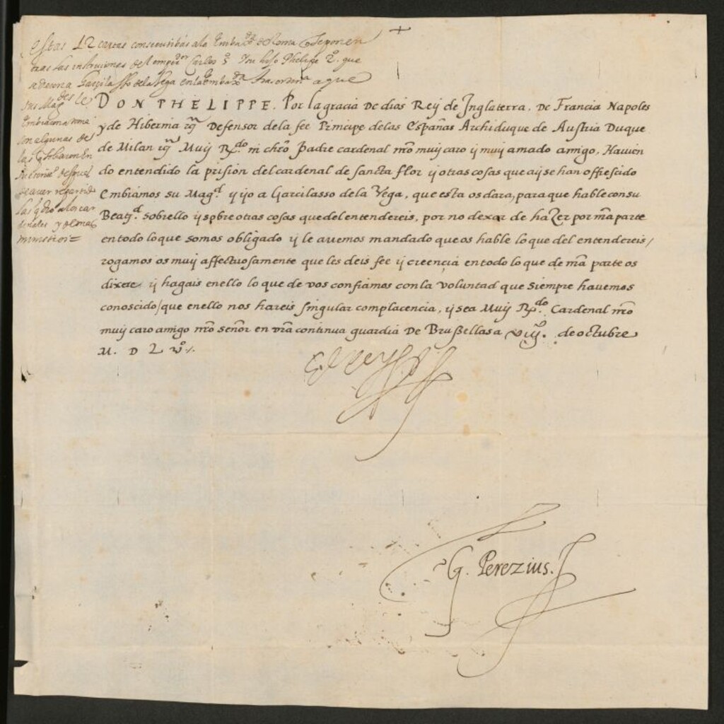 Miniatura de Carta de Felipe II a un Cardenal para que hable con Garcilaso de la Vega, su embajador en Roma, sobre las cuestiones que le plantee, y haga lo que de él se espera