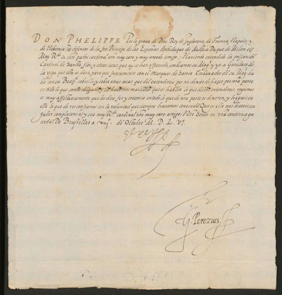 Miniatura de Carta de Felipe II a un Cardenal para que hable con Garcilaso de la Vega, su embajador en Roma, sobre las cuestiones que le plantee, y haga lo que de él se espera