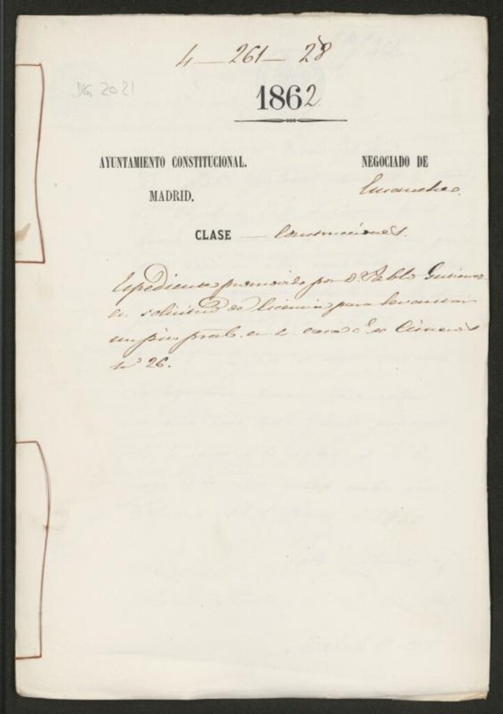 Miniatura de D. Pablo Gutiérrez, en solicitud de licencia para levantar un piso principal en la casa calle Cisneros nº 26.