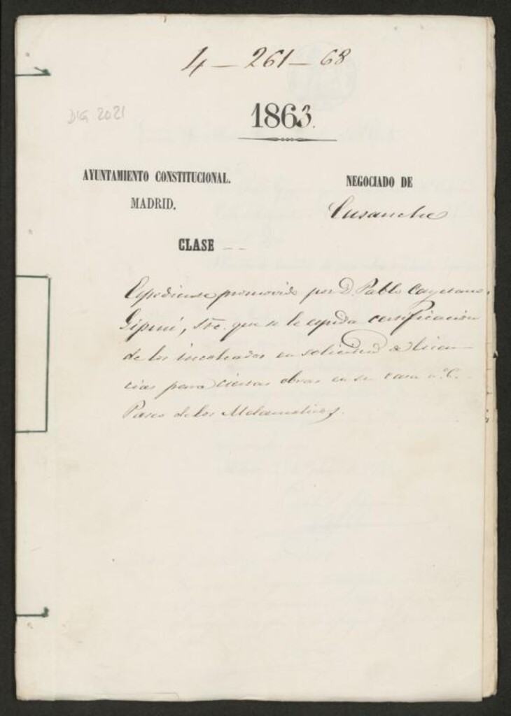 Miniatura de D. Pablo Cayetano Gipini. pendiente de que se le expida certificación de los incoados en solicitud de licencia para ciertas obras en su casa nº 6  Paseo de los Melancólicos.