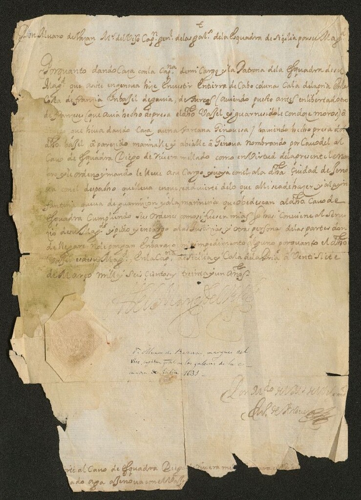 Miniatura de [Cédula de D. Álvaro de Bazán, Marqués del Viso y de Santa Cruz, nombrando al cabo de escuadra Diego de Rivera Mellado como cabo de un bajel tomado a los turcos, y para que lo lleve a Génova]