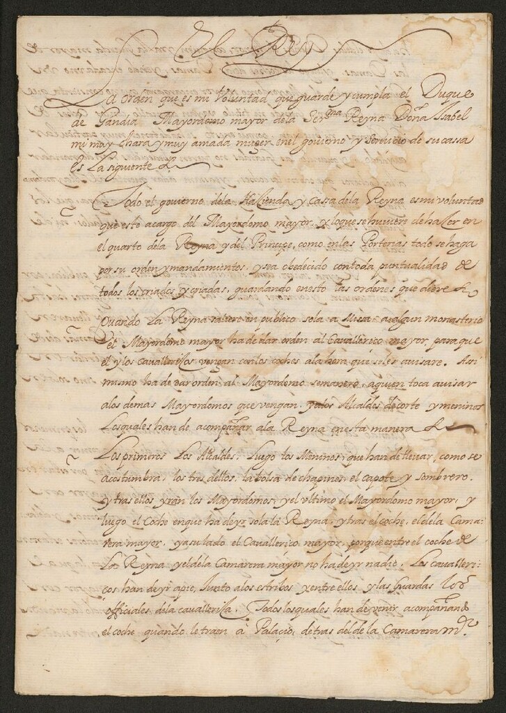 Miniatura de [Instrucción de Felipe IV al Duque de Gandía para el ejercicio de su oficio de mayordomo mayor de la reina Isabel de Borbón]