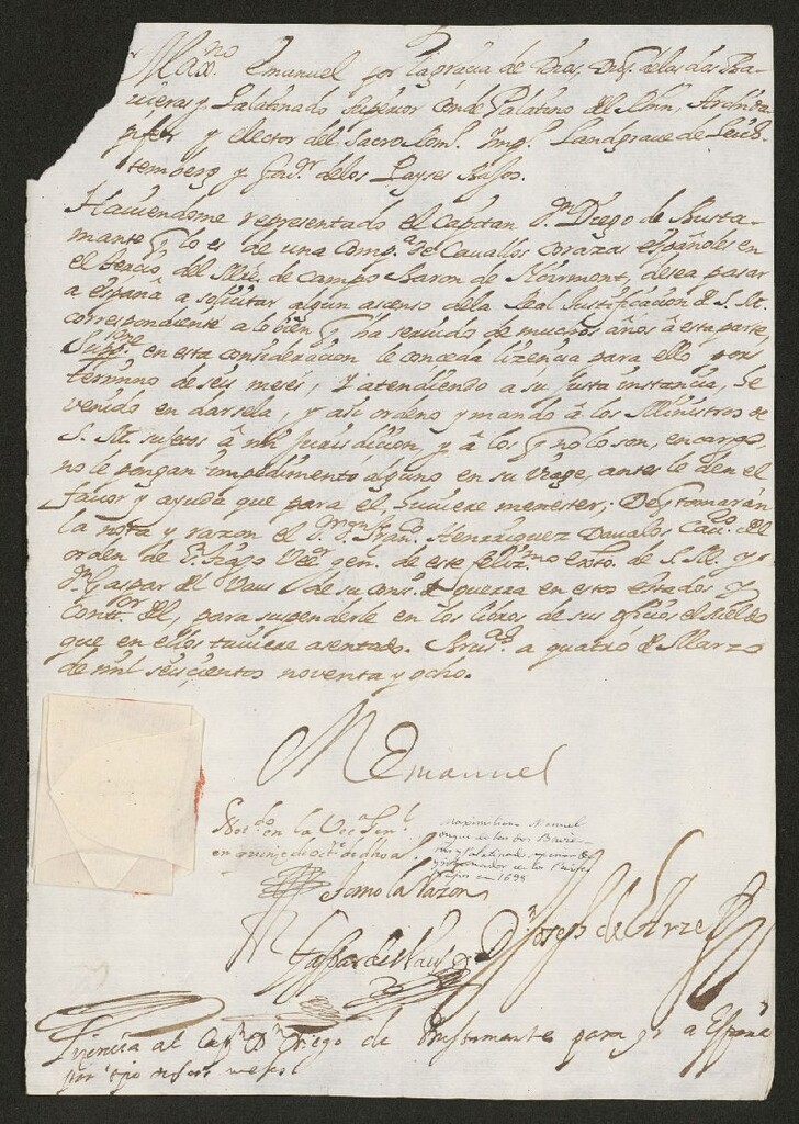 Miniatura de [Licencia para pasar a España por seis meses, concedida por el Gobernador de los Países Bajos, Maximiliano de Baviera, al capitán Diego de Bustamante]