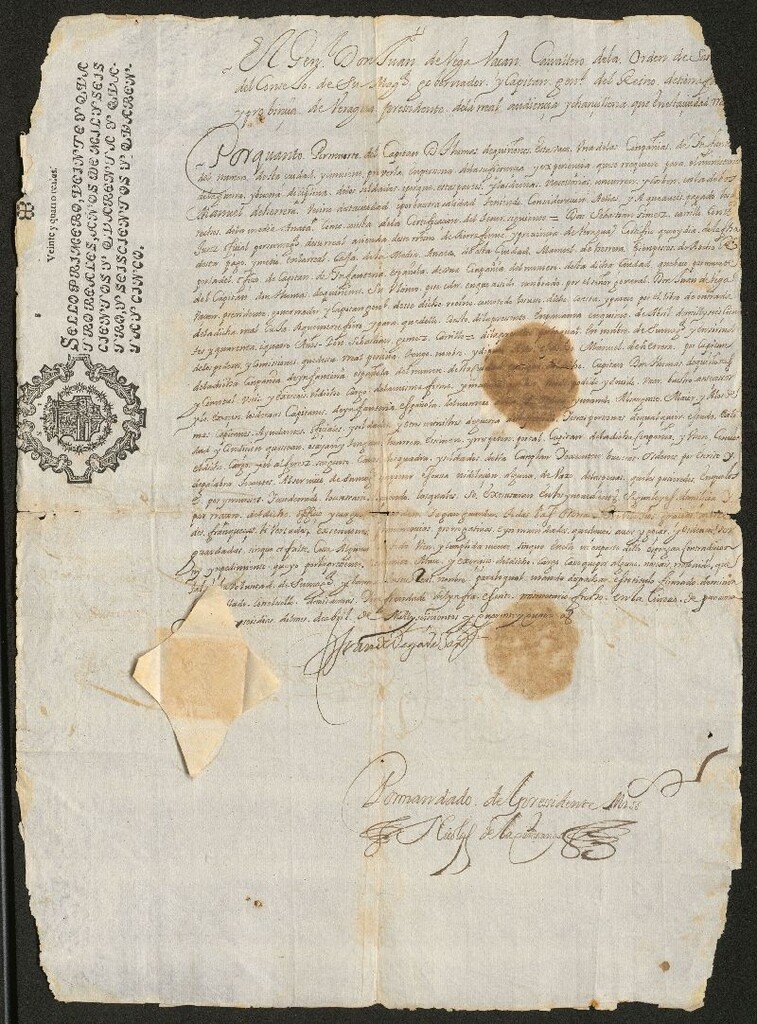 Miniatura de [Patente de una compañía de infantería del número de la ciudad de Panamá, concedida por el gobernador y capitán general del reino de Tierra Firme y provincia de Veragua a Manuel de Herrera]