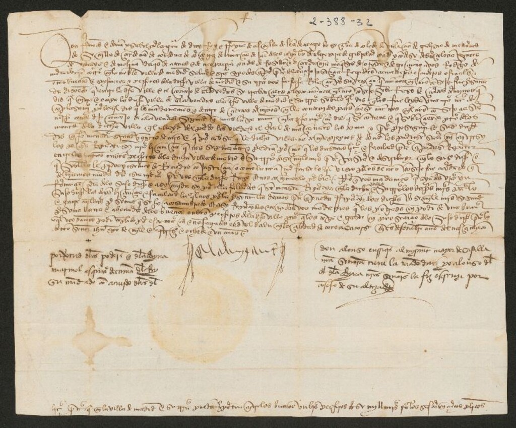 Miniatura de Provisión del Consejo de los Reyes Católicos, despachada por don Alonso Enriquez, almirante mayor de Castilla, dirigida a Rodrigo de Mercado, corregidor en la Villa de Madrid,  dando licencia para repartir los doce mil maravedíes necesarios para sufragar los gastos del pleito con la Villa de Alcobendas sobre términos.