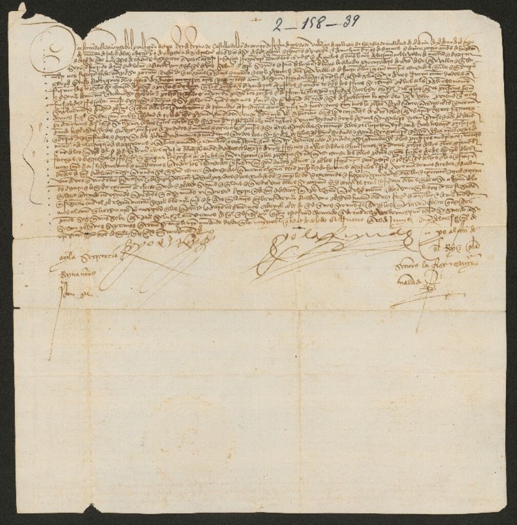 Miniatura de Provisión de los Reyes Católicos, ganada a petición de Juan de Luján y Luis de Alcalá, procuradores en Cortes de la Villa de Madrid,  ordenando, con arreglo a dos leyes promulgadas en las Cortes de Toledo de 1480,  que las casas de moneda, atarazanas, alcázares, iglesias,  monasterios y otras personas, contribuyesen a satisfacer las cargas concejiles.