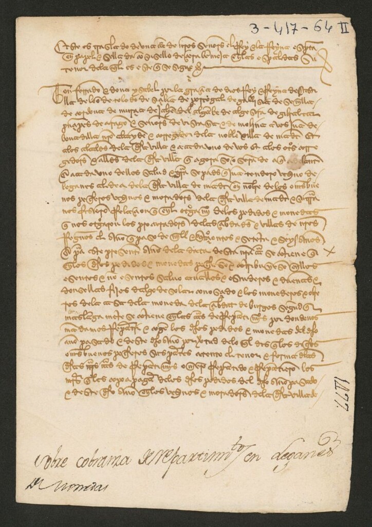Miniatura de Provisión de Fernando el Católico,  exigiendo al Concejo de Madrid, a petición de Juan Tendero, vecino de Leganés, se respete  y cumpla el tenor de las cartas de repartimientos sobre pedidos y monedas del año de 1476.